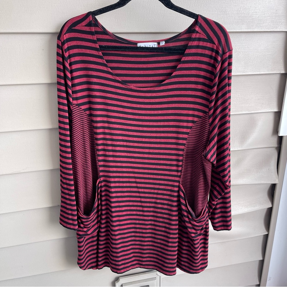 Habitat Top Women‎ XL Red Pullover Blouse Artsy Striped Stretch Scoop Neck